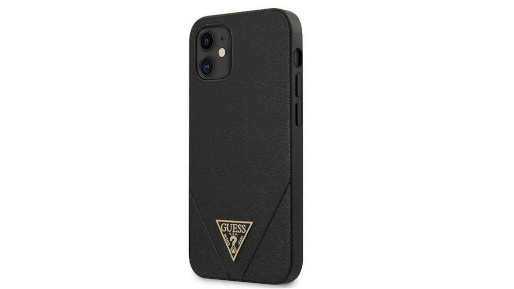 Etui GUESS Saffiano do Apple iPhone 12 mini czarny ekskluzywne estetyka modne stylowe złote wysoka jakość wykonania skóra syntetyczna poliwęglan 