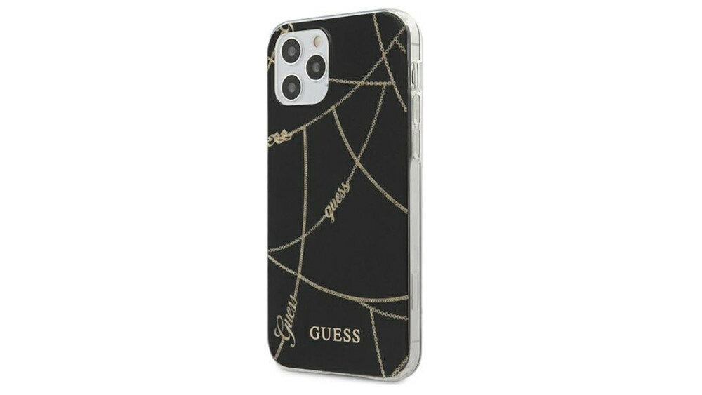 GUESS GOLD CHAIN COLLECTION DO IPHONE 12 MAX 12 PRO 6.1 CZARNY wzornictwo piękno surowy marmur czarny zachwyca elegancja chłodny charakter nieoczywisty wzor oryginalny tył