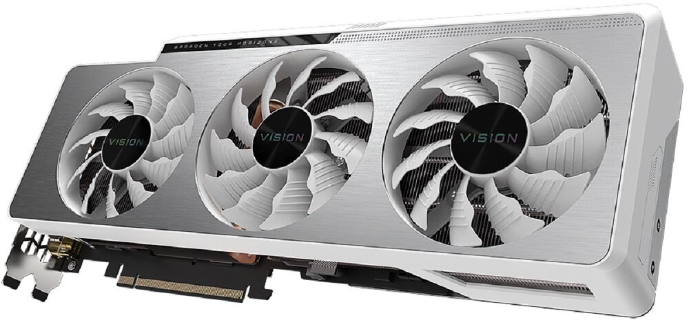 Karta graficzna GIGABYTE GeForce RTX 3080 Vision 10GB - półpasywny system chłodzenia trzy wentylatory zabudowany radiator cicha praca zużywa mniej energii