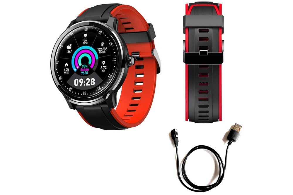 Smartwatch MANTA SWT05BP  ekran bateria czujniki zdrowie sport pasek ładowanie pojemność rozdzielczość łączność sterowanie krew puls rozmowy smartfon aplikacja 