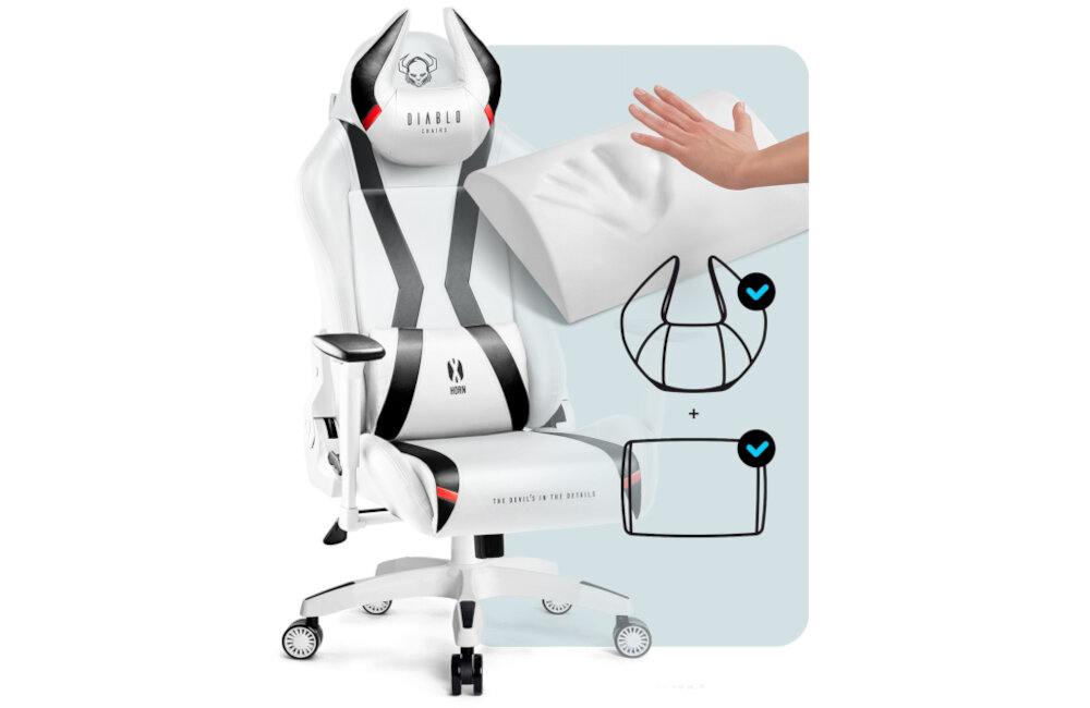 Fotel DIABLO CHAIRS X-Horn 2.0 (XL) Biało-czarny zestaw poduszka lędźwiowa zagłówek fotel