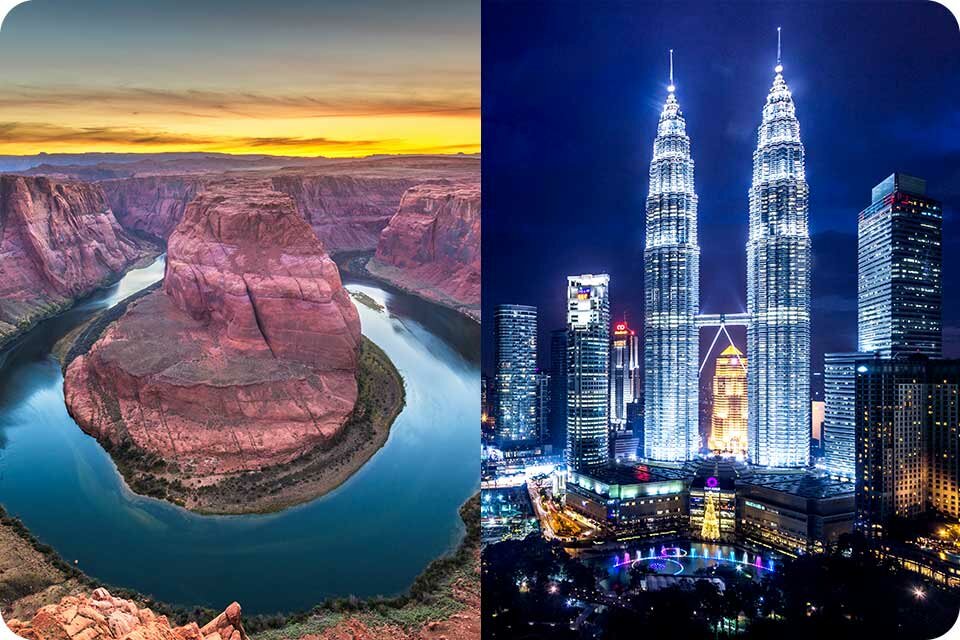 Połowa zdjęcia to skały wokół wody a druga połowa to oświetlone miasto nocą Połowa zdjęcia to skały wokół wody a druga połowa to oświetlone miasto nocą