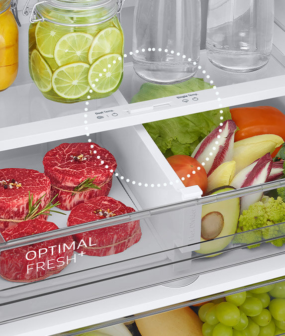 Na zdjęciu widać separator dzielący szufladę Optimal Fresh+ na dwie strefy termiczne Na zdjęciu widać separator dzielący szufladę Optimal Fresh+ na dwie strefy termiczne