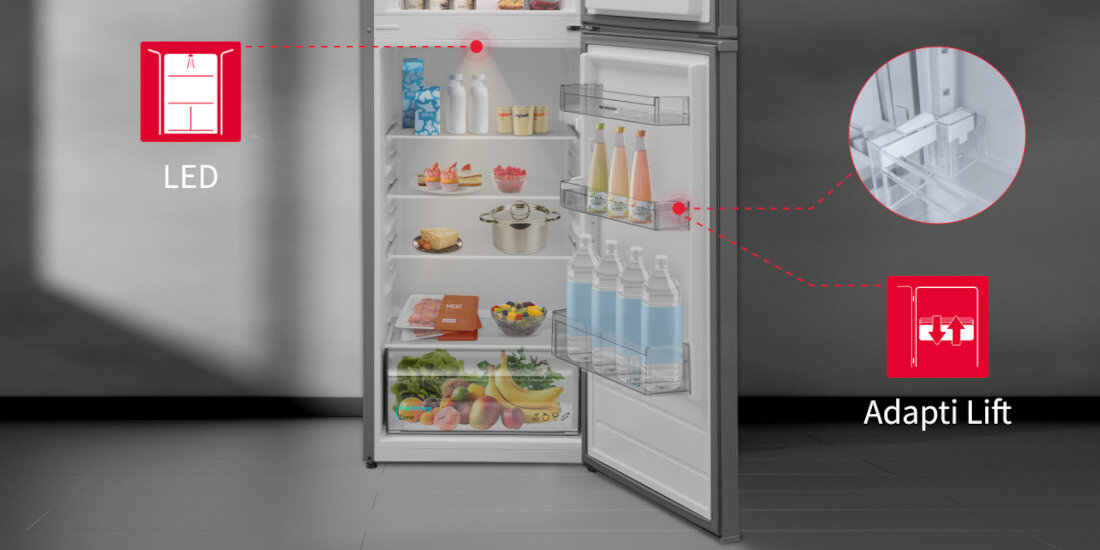 Lodowka SHARP SJ-TB01ITXLF-EU 144cm Srebrna Adapti Lift latwe czyszczenie oswietlenie LED