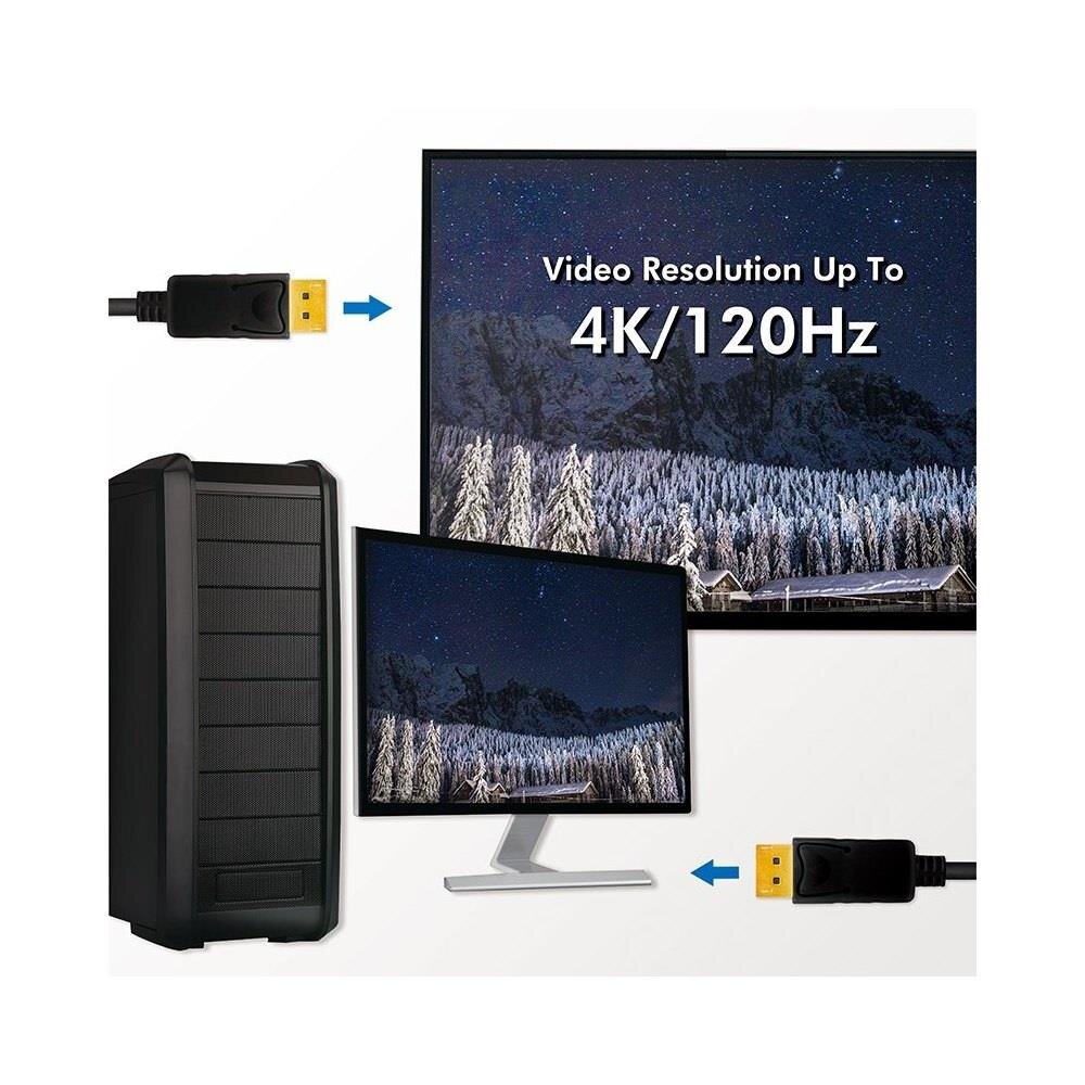 Obraz przedstawia dwa monitory z zimowym krajobrazem oraz komputer stacjonarny. Na ekranie widoczny jest tekst: \'Video Resolution Up To 4K/120Hz\'.