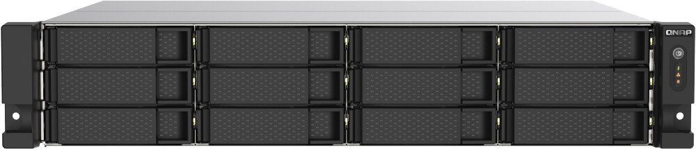 Serwer plików QNAP TS-1273AU-RP-8G Przód serwera w obudowie rack z dwunastoma zatokami na dyski i panelem kontrolnym po prawej stronie, opis