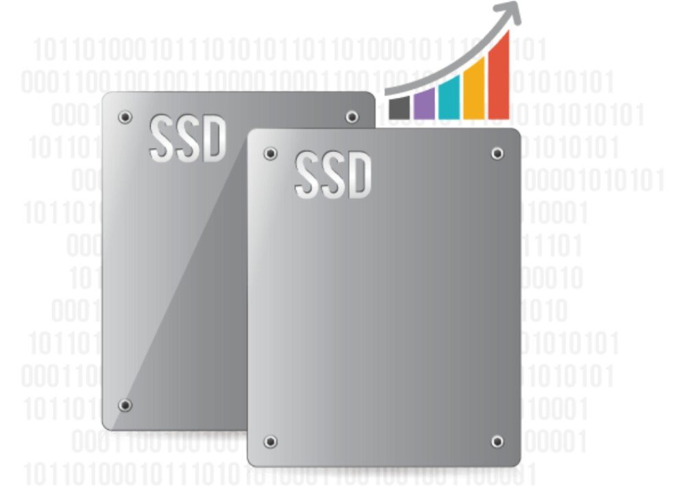 Serwer plików QNAP TS-1273AU-RP-8G Grafika przedstawiająca dwa dyski SSD na tle zer i jedynek oraz rosnący wykres słupkowy, dyski, kompatybilność