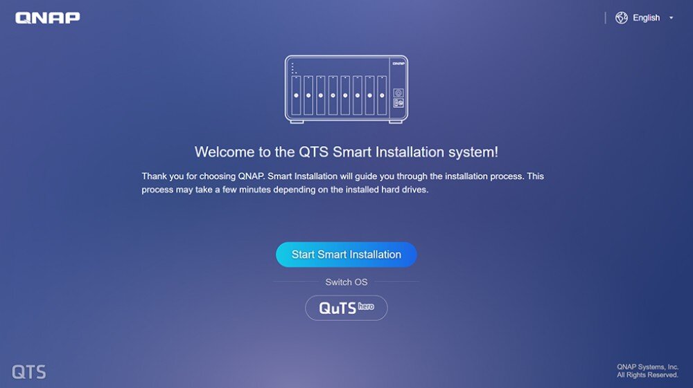 Serwer plików QNAP TS-1273AU-RP-8G Ekran instalacyjny systemu QTS z opcją 'Start Smart Installation' oraz możliwością przełączenia na system 'QuTS hero', system, dopasowanie, aplikacje, zasilacze