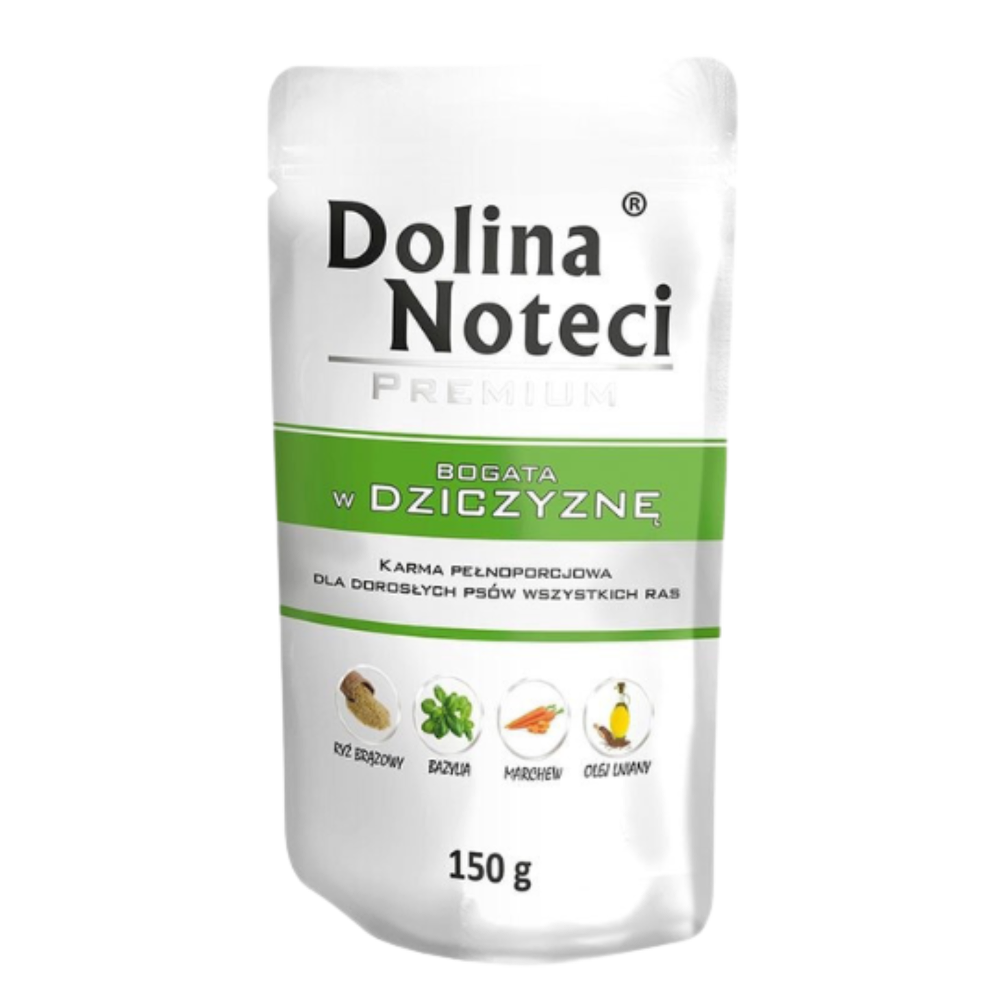 Opakowanie produktu Dolina Noteci Premium z napisem \'Bogata w dziczyznę\'. Widoczne są ilustracje składników: ryż brązowy, bazylia, marchew, olej lniany oraz informacja o wadze 150 g.