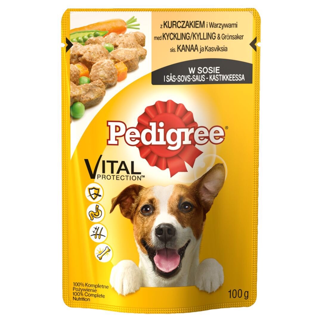Opakowanie karmy dla psa Pedigree Vital Protection z kurczakiem i warzywami w sosie, 100 g. Na opakowaniu widoczny jest wizerunek psa oraz informacje o składnikach i wartościach odżywczych.