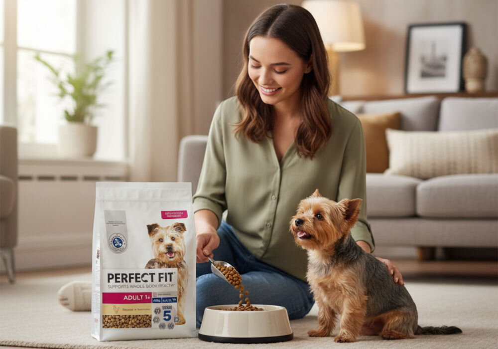 Karma dla psa PERFECT FIT Adult 1+ Kurczak 2.6 kg Kobieta siedzi na podłodze w kuchni, wsypując karmę Perfect Fit Junior dla szczeniąt do miski. Obok niej leży mały szczeniak w wiklinowym legowisku i duża torba karmy.
