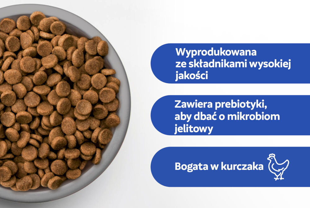 Karma dla psa PERFECT FIT Adult 1+ Kurczak 2.6 kg Srebrna miska wypełniona suchą karmą dla psa w kształcie krążków. Obok wypisane korzyści: Wyprodukowana ze składnikami wysokiej jakości, Zawiera prebiotyki, aby dbać o mikrobiom jelitowy, Bogata w kurczaka.

