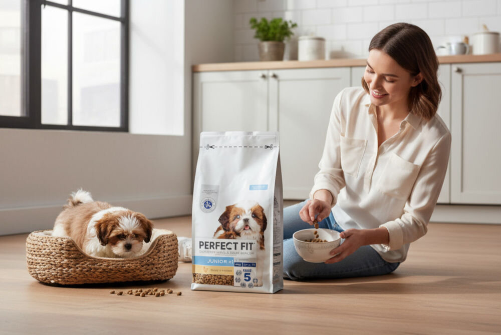 Karma dla psa PERFECT FIT Junior Kurczak XS/S 825 g Kobieta siedzi na podłodze w kuchni, wsypując karmę Perfect Fit Junior dla szczeniąt do miski. Obok niej leży mały szczeniak w wiklinowym legowisku i duża torba karmy.
