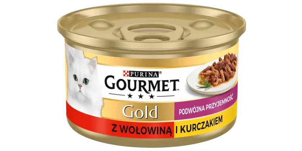 Karma dla kota GOURMET Gold Podwójna przyjemność Wołowina i kurczak 85 g puszka karmy na białym tle pełnoporcjowa mokra karma dla dorosłych kotów soczyste kawałki wołowiny delikatnymi płatkami kurczaka wartość energetyczna 860 kcal/kg