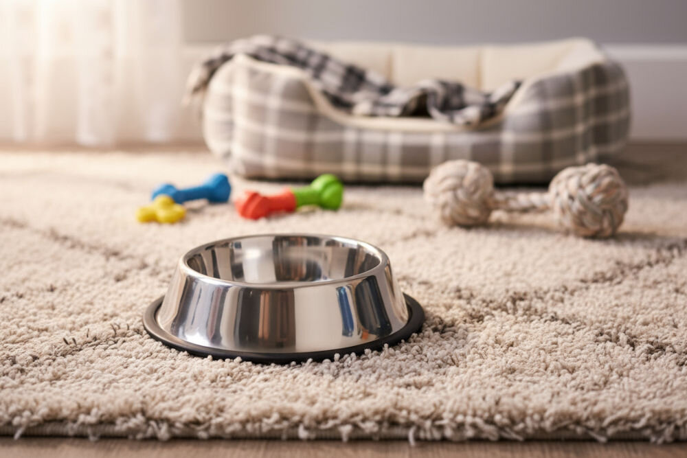 Miska dla psa TRIXIE 248543 2 x 1.8 l pies jedzący z miski w tle przy oknie uśmiechnieta osoba