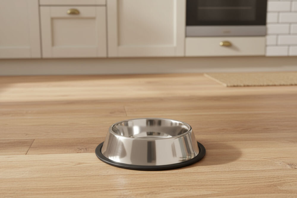 Miska dla psa TRIXIE 248543 2 x 1.8 l głaskany pies jedzący z miski w tle opakowanie karmy