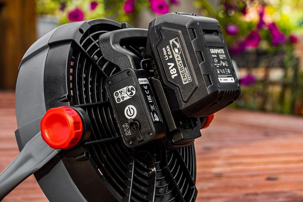Wentylator GRAPHITE 58G080 Szary w każdej chwili akumulatorowo-sieciowy Energy+ 18V komfortowe orzeźwienie zasilanie System Energy+ na akumulatorach litowo-jonowych 18V