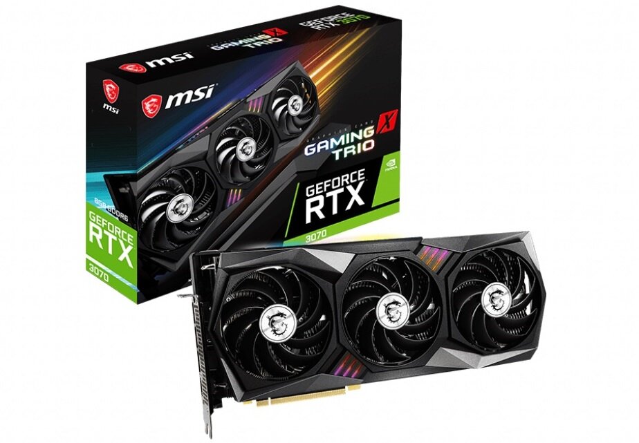 Karta graficzna MSI GeForce RTX 3070 Gaming X Trio 8GB - wygląd ogólny opakowanie 10GB pamięci operacyjnej złącza o wysokiej przepustowości szyna danych 320 bit
