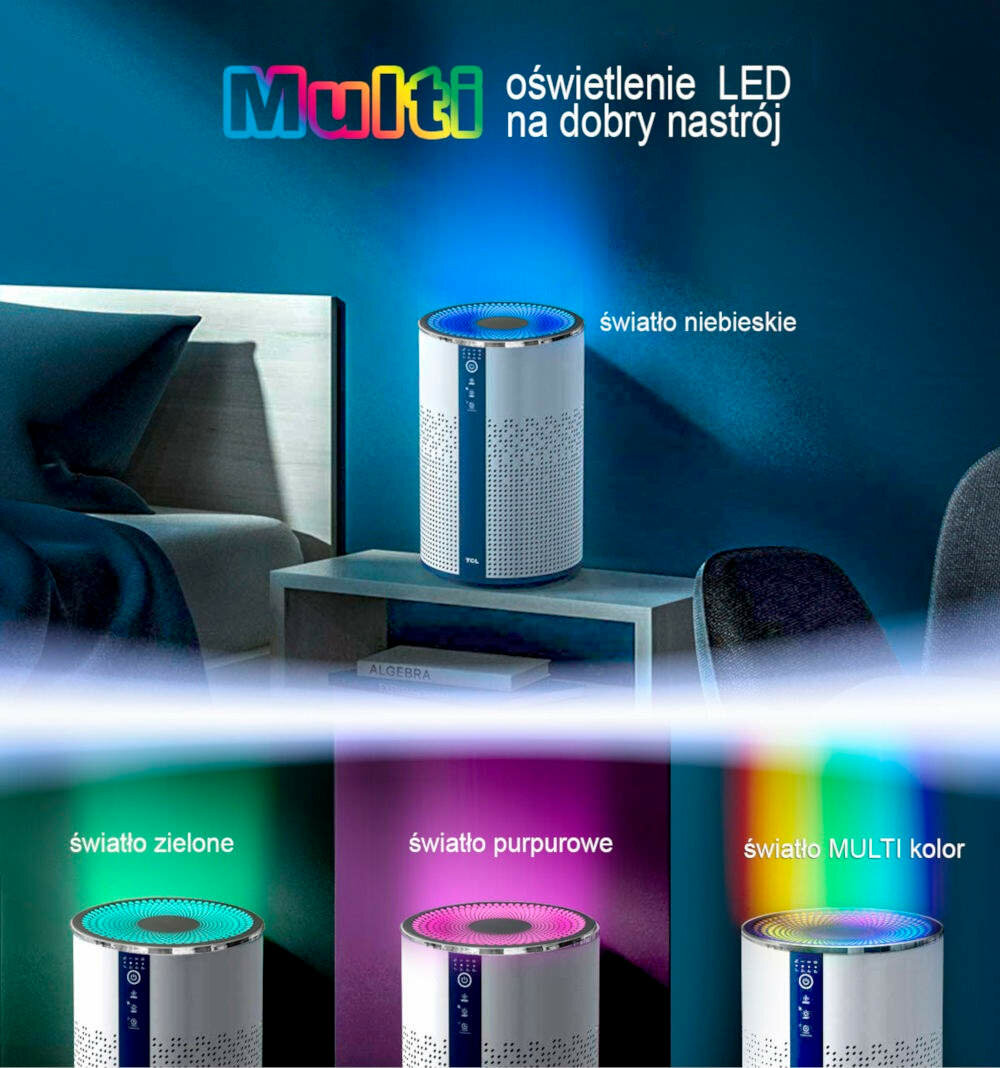 Oczyszczacz powietrza TCL KJ120F czytelny panel dotykowy cztery tryby predkosci skutecznosc czteroetapowy system filtracji filtr wstepny HEPa weglowy cicha praca