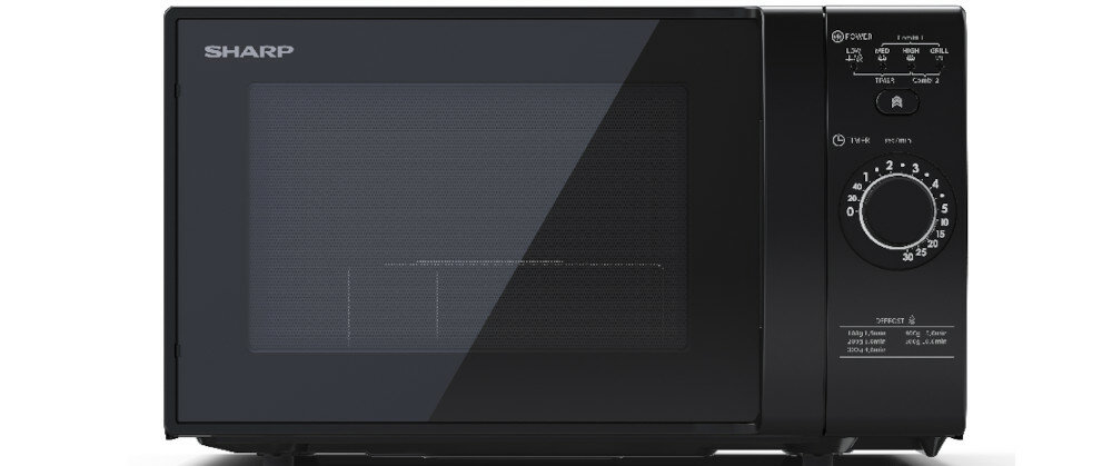 Kuchenka mikrofalowa SHARP YC-GG02E-B wymiary front przód Grill Rozmrażanie