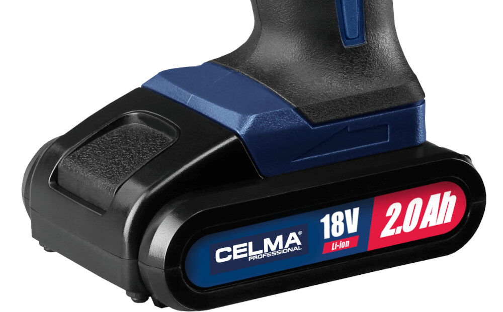 Wiertarko-wkrętarka CELMA PROFESSIONAL WAK-Li 18GEO+ zasilanie akumulator Li-Ion napięcie 18 V pojemność 2,0 Ah technologia litowo-jonowa maksymalny moment obrotowy do 42 Nm trwała mechaniczna przekładnia 2-biegowa dłuższy czas pracy akumulatora na jednym cyklu ładowania dłuższa żywotność