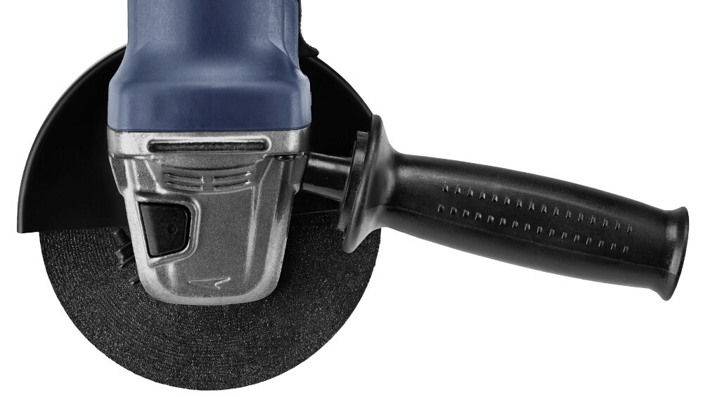 Szlifierka kątowa CELMA Professional PRAg 125GEO zbliżenie na osłonę tarczy obsługuje tarcze o średnicy do 125 mm z otworem montażowym zgodnym z gwintem M14 łatwą=a dostępność materiałów eksploatacyjnych szybkie dobranie tarczy do zadania
