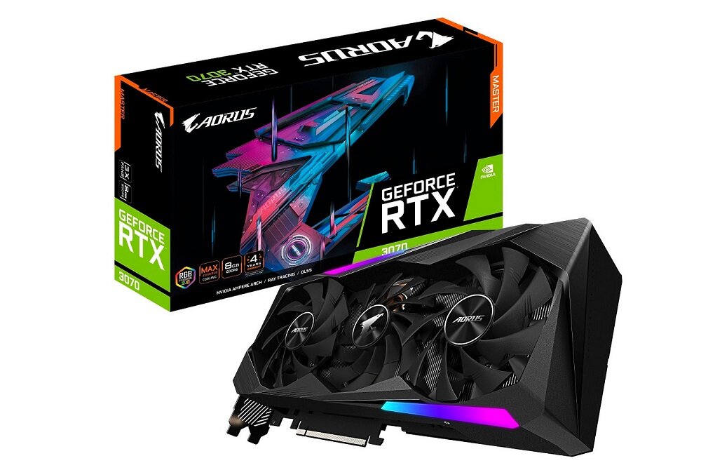 Karta graficzna GIGABYTE GeForce RTX 3070 Aorus Master - wygląd ogólny opakowanie 8GB pamięci operacyjnej technologia RTX obsługa 6 różnych monitorów