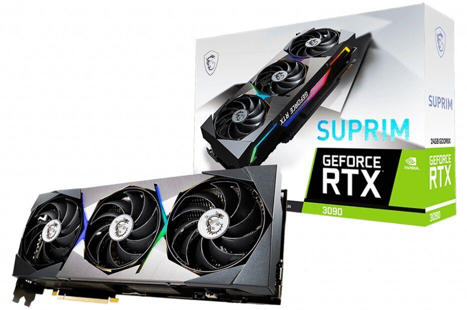 Karta graficzna MSI GeForce RTX 3090 Suprim X 24GB - wygląd ogólny opakowanie gamingowa stylistyka podświetlenie RGB płynna praca
