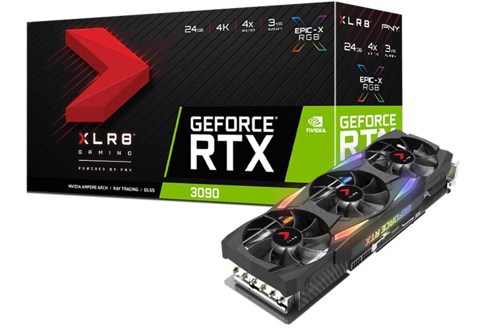 PNY GeForce RTX 3090 XLR8 Gaming Uprising Epic-X - wygląd ogólny opakownie potrójny układ graficzny 24GB pamięci RTX