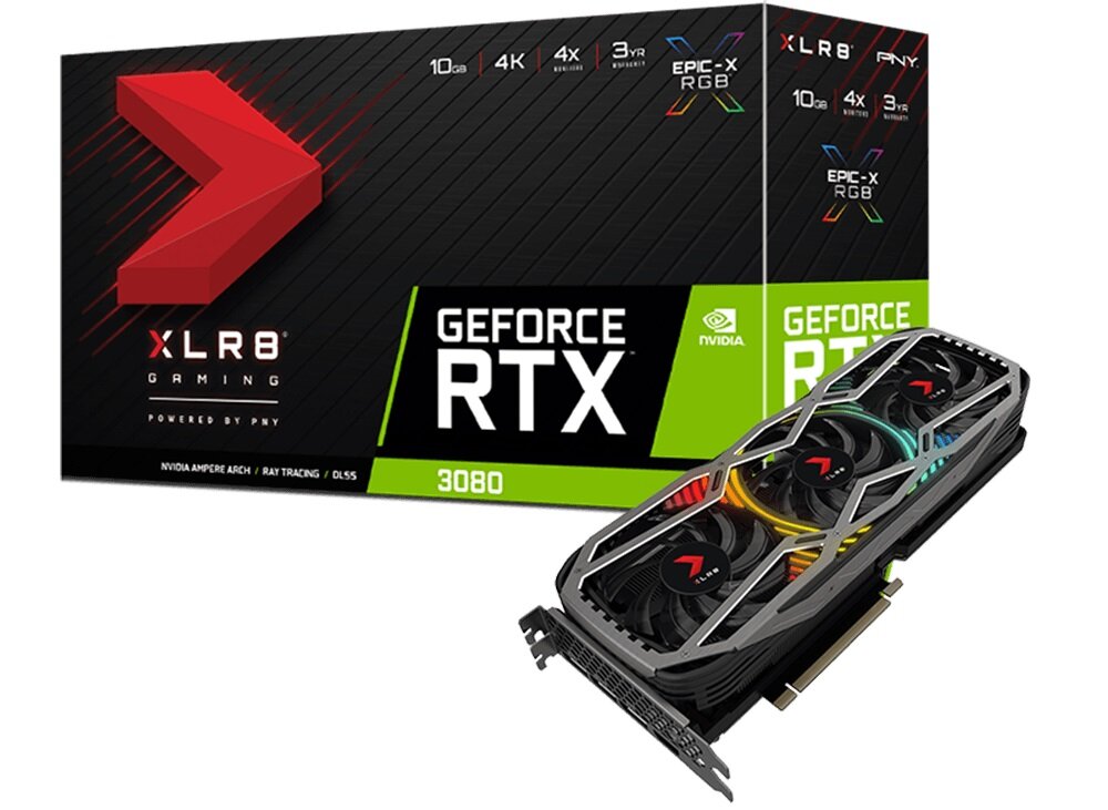 Karta graficzna PNY GeForce RTX 3080 XLR8 Gaming Revel Epic-X 10GB - opakowanie wygląd ogólny wydajność nowoczesna karta graficzna 10GB pamięci PCI Express