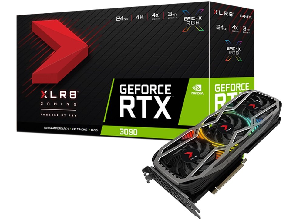 Karta graficzna PNY GeForce RTX 3090 XLR8 Gaming Revel Epic-X 24GB - opakowanie wygląd ogólny wydajność nowoczesna karta graficzna 24gb pamięci PCI Express