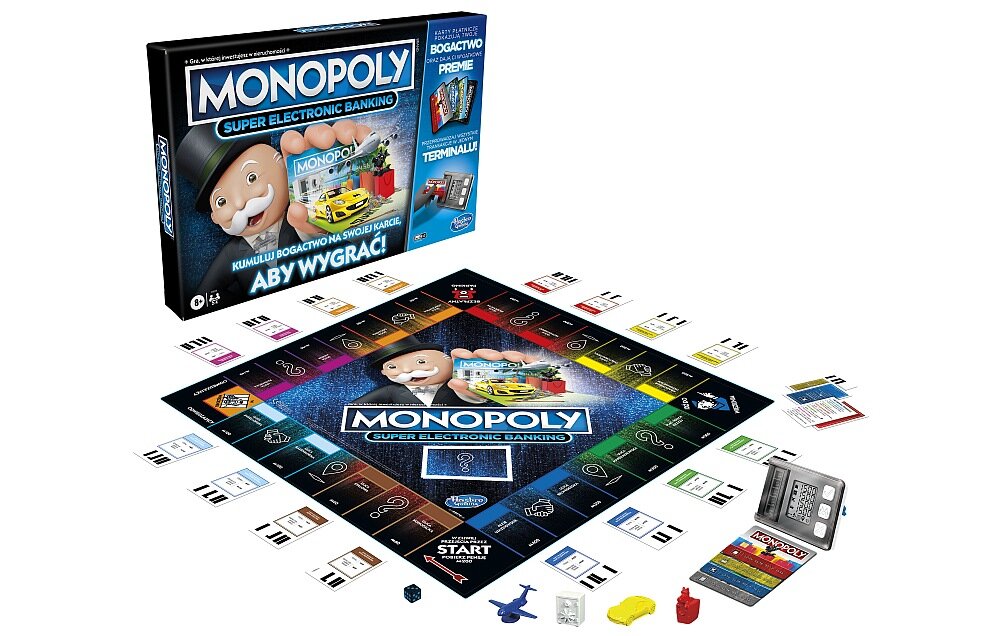 Gra planszowa HASBRO Monopoly Super Electronic Banking elementy zabawa plansza reguły zawartość