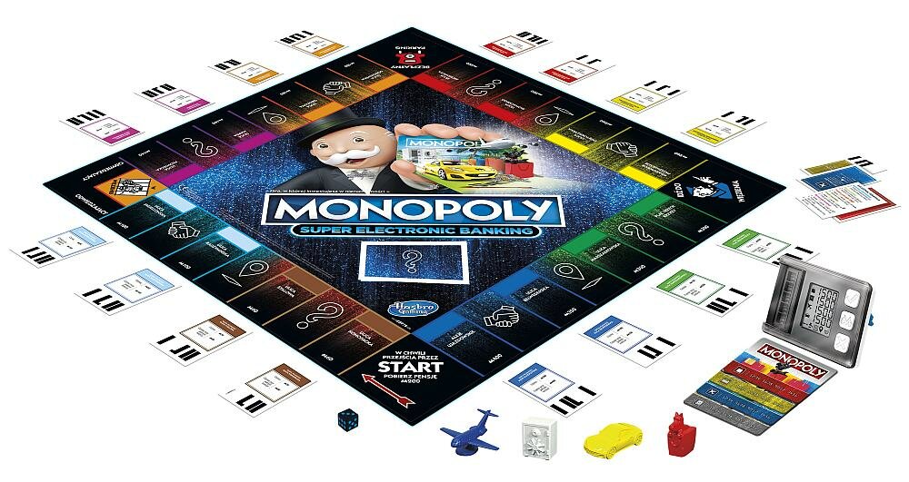 Gra planszowa HASBRO Monopoly Super Electronic Banking elementy zabawa plansza reguły zawartość