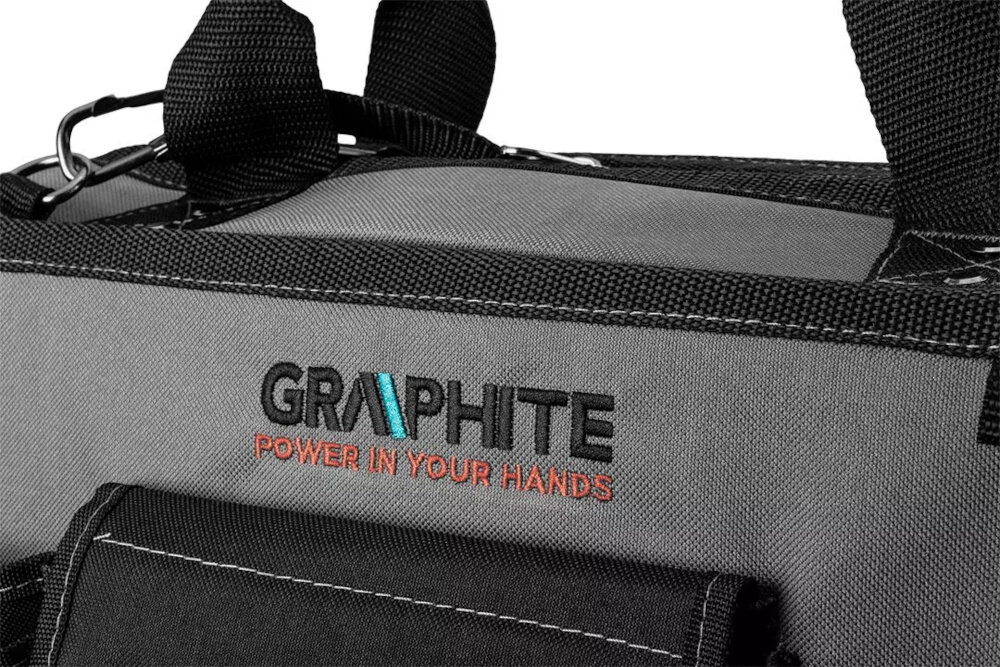 Torba narzędziowa GRAPHITE Energy + 58G092 góra torby na białym tle zbliżenie na nazwę marki wymiary 41 × 21 × 41 cm przechowywanie i transport w różnych warunkach porządek nie zajmuje dużo miejsca wygodny dostęp