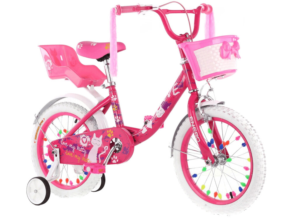 Rower dziecięcy ENERO Love Kitty 16 cali dla Różowy różowej kolorystyce przedstawiającymi zabawne kotki dla dziewczynek w wieku 4-8 lat pierwszy kompan do nauki jazdy