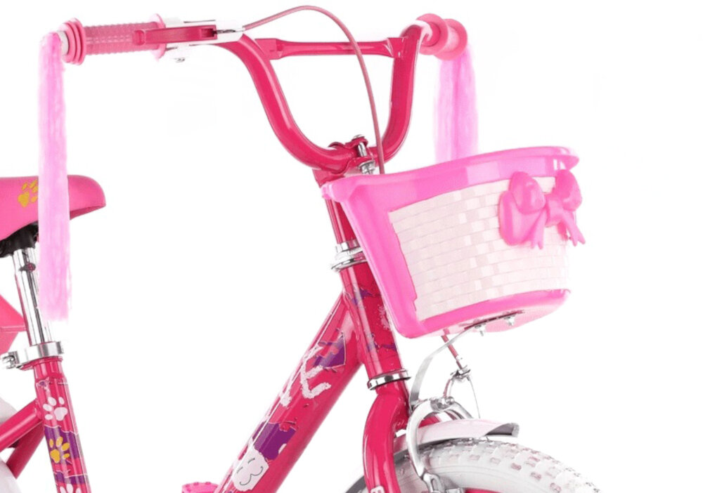 Rower dziecięcy ENERO Love Kitty 16 cali dla dziewczynki Różowy hamulec przedni typu Caliper hamulec tylny Torpedo kierownica typu BMX ogumowane uchwyty różowe chwosty