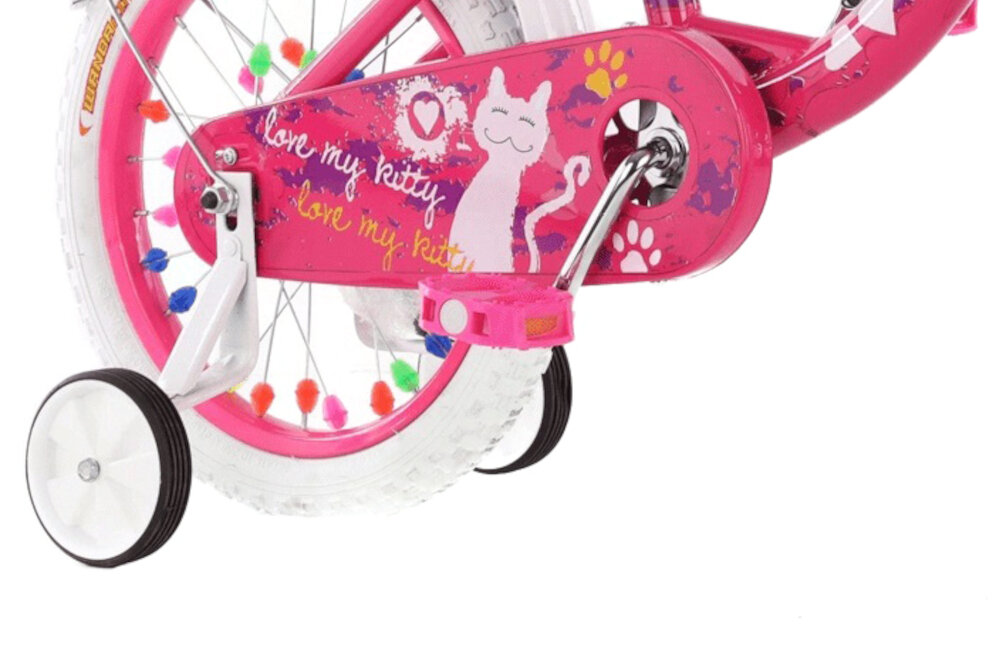 Rower dziecięcy ENERO Love Kitty 16 cali dla dziewczynki Różowy osłona na łańcuch kolorowa boczne kółka asekuracja łatwo można zdemontować