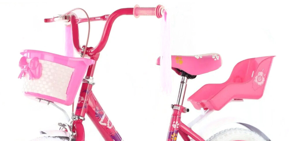 Rower dziecięcy ENERO Love Kitty 16 cali dla dziewczynki Różowy wygodne piankowe siodełko fotelik dla lalki komplet odblasków popychacz do nauki jazdy koszyk na drobiazgi