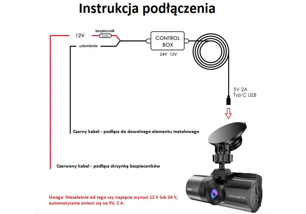 ADAPTER ZASILANIA DO KAMERY SAMOCHODOWEJ VANTRUE N4 tryb parkingowy wylaczenie automatyczne
