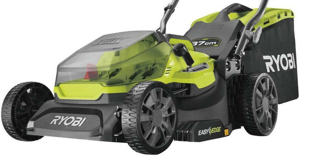Kosiarka akumulatorowa RYOBI RY18LM37A-240 6-stopniowa regulacja szerokość robocza 37 cm wyrzut trawy do kosza kosz składany pojemność 45 litrów mulczowanie funkcja EasyEdge