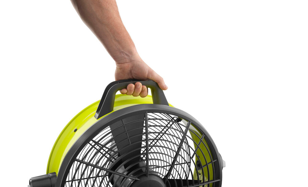 Wentylator RYOBI R18F5-0 wygodna rączka komfortowe przenoszenie z wysokiej jakości tworzywa sztucznego waga 6,7 kg punkt zaczepu zawieszenie wentylatora