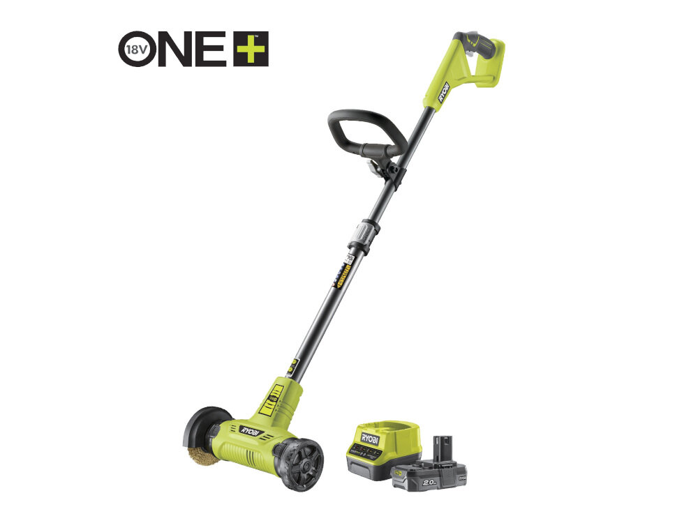 Urządzenie do czyszczenia fug w kostce brukowej RY18PCA-120 zasilanie akumulator o napięciu 18 V pojemność 2,0 Ah z serii RYOBI ONE+ szerokość robocza do 190 mm wysokość do 210 mm