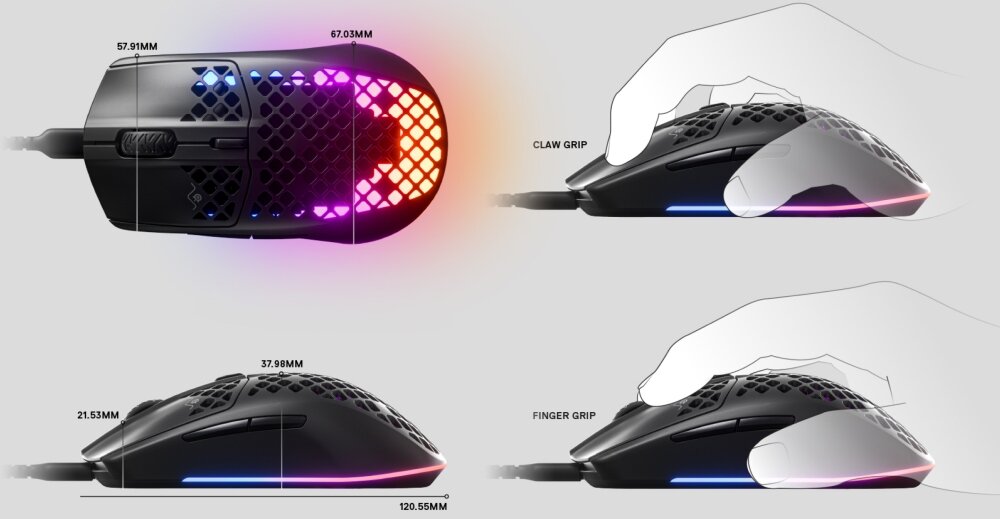Mysz STEELSERIES Aerox 3 PRZEŁĄCZNIKI LEKKOŚĆ ULTRASZYBKOŚĆ WYDAJNOŚĆ OCHRONA AQUA SENSOR TRUEMOVE ŚLIZGACZE ŁĄCZNOŚĆ USB-C DOPASOWANIE STYL GRY