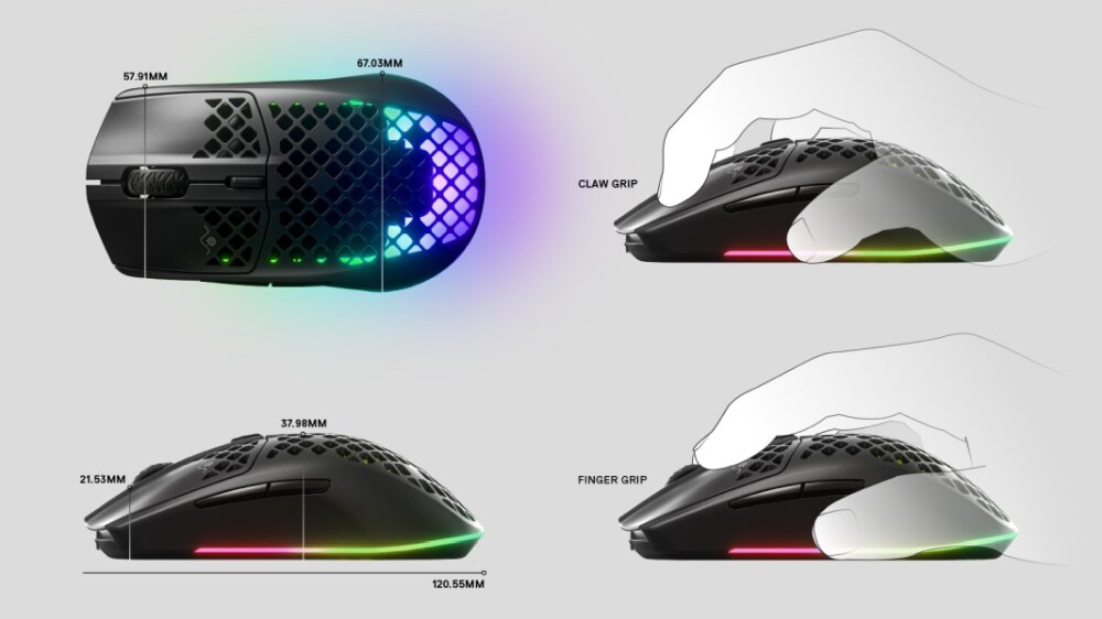 Mysz STEELSERIES Aerox 3 Wireless PRZEŁĄCZNIKI LEKKOŚĆ ULTRASZYBKOŚĆ WYDAJNOŚĆ OCHRONA AQUA SENSOR TRUEMOVE ŚLIZGACZE ŁĄCZNOŚĆ USB-C DOPASOWANIE STYL GRY