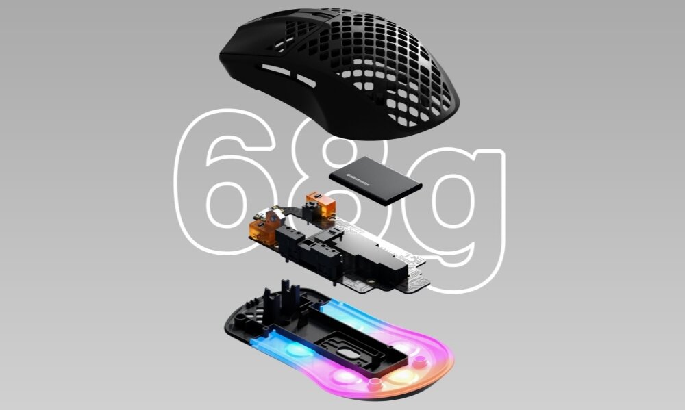 Mysz STEELSERIES Aerox 3 Wireless PRZEŁĄCZNIKI LEKKOŚĆ ULTRASZYBKOŚĆ WYDAJNOŚĆ OCHRONA AQUA SENSOR TRUEMOVE ŚLIZGACZE ŁĄCZNOŚĆ USB-C DOPASOWANIE STYL GRY