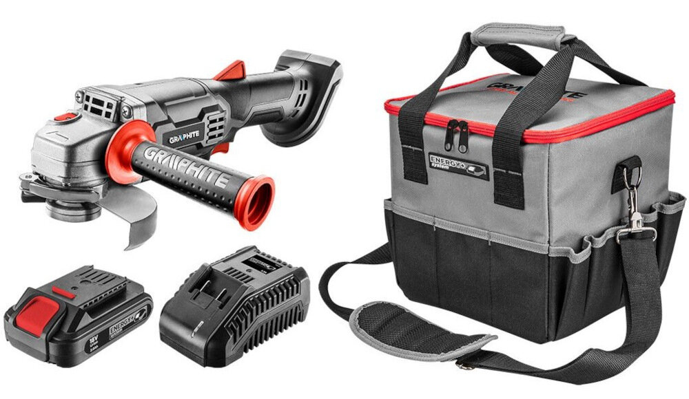 Szlifierka kątowa GRAPHITE Energy+ TOP-58G015-BR1 zestaw akumulator ładowarka torba instrukcja obsługi w języku polskim karta gwarancyjna