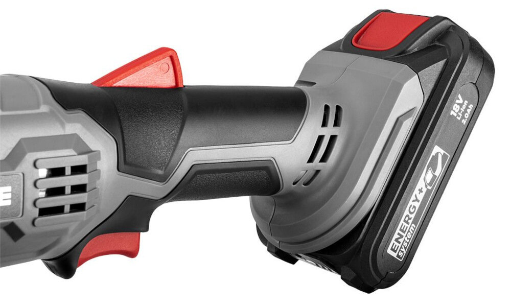 Szlifierka kątowa GRAPHITE Energy+ TOP-58G015-BR1 zasilanie akumulator Energy+ 18V pojemność 2,0 Ah wysoka wydajność odporność na przeciążenia ładowarka wskaźnik naładowania ładuje się szybko