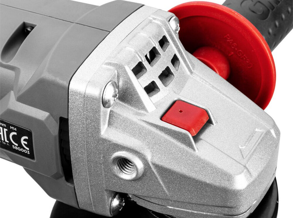 Szlifierka kątowa GRAPHITE Energy+ TOP-58G015-BR1 obudowa otwory wentylacyjne zwiększona żywotność narzędzia w częściowo metalowej skorupie odprowadza nadmiar ciepła