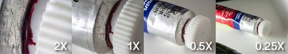 Obiektyw VENUS OPTICS LAOWA 50mm f-2.8 2x Ultra Macro do Micro 4-3 Cztery zbliżenia nakrętki tubki pokazujące różne powiększenia, opisane: 2X, 1X, 0.5X i 0.25X