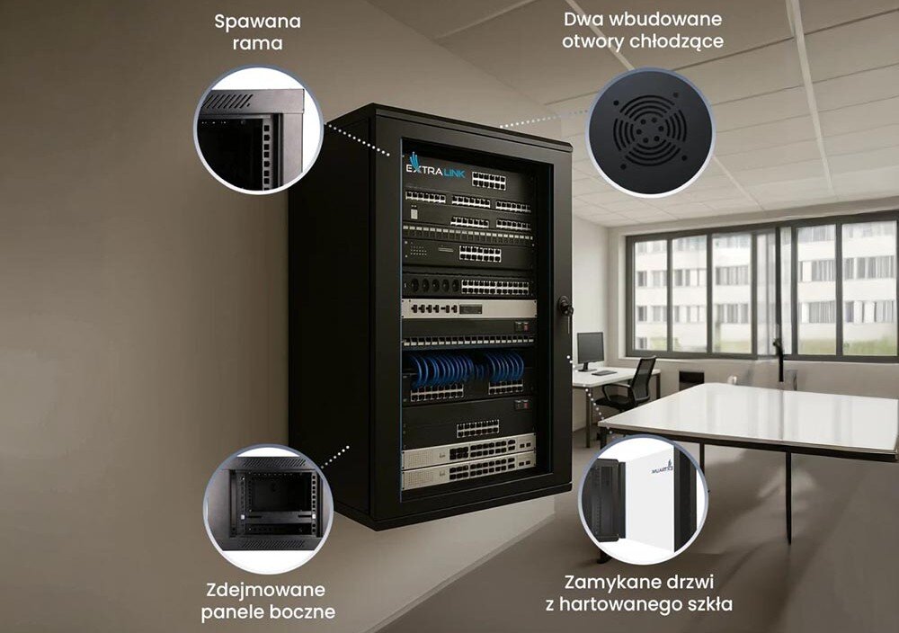 Szafa RACK EXTRALINK 19 15U EX.14343 600 x 600 mm Czarna wisząca szafa rack z urządzeniami sieciowymi w biurze, z trzema powiększeniami pokazującymi spawaną ramę, dwa otwory na wentylatory w suficie i zdejmowane panele boczne oraz fragment drzwi z hartowanego szkła, organizacja, otwory na kable